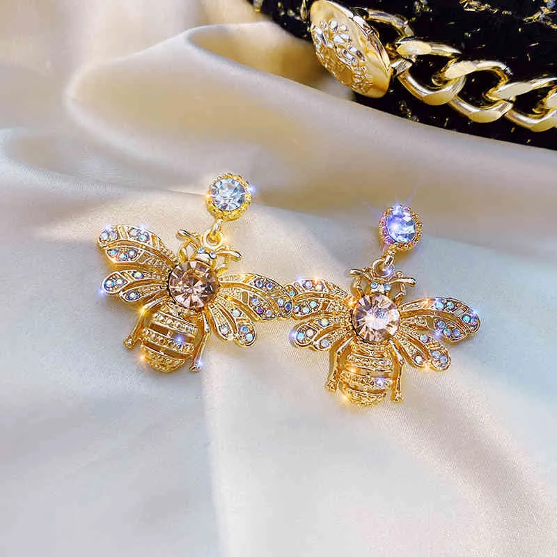 Pendientes de Metal dorado de abeja de cristal de alta calidad de joyería de moda de diseño coreano para mujer