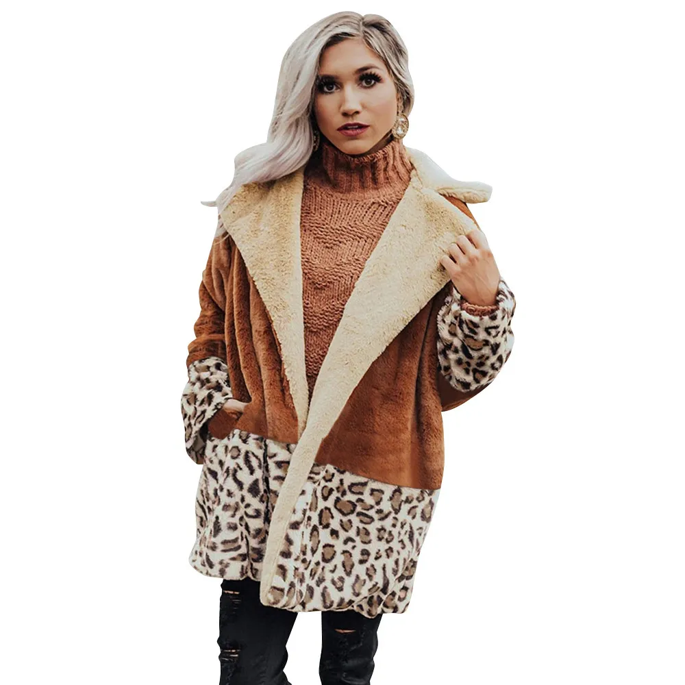 Mode Chaud Revers Léopard Patchwork En Peluche Manteaux Femmes Automne Hiver Fluffy En Peluche Fausse Fourrure Lâche Cardigan Vestes Femmes Pardessus 210412