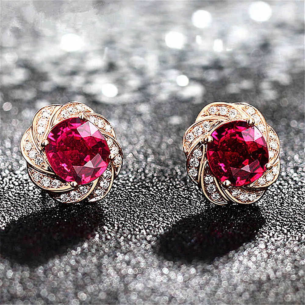 14k oro rosa colore fiore rosso cristallo rubino pietre preziose diamanti orecchini le donne gioielli classici brincos moda bijoux