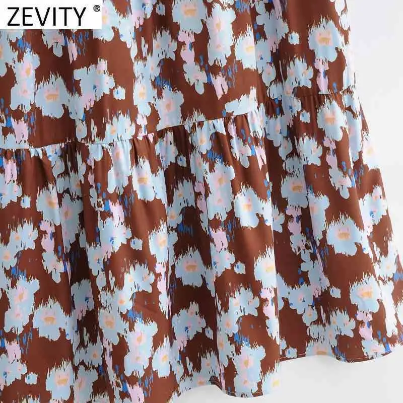 Women Vintage Stand Collar Lantern Sleve Casual Loose Midi Dress Female Tie Dyed Flower Painting Chic Vestido DS4742 210420