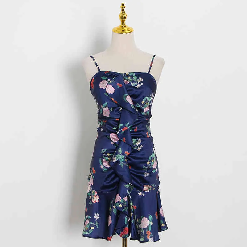 VGH Elegant Floral Print Dress For Women Square Collar Sleeveless High Waist Ruffles Sling Mini Dresses Female Summer Style 210421