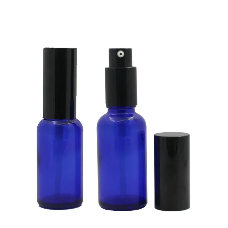 Bouteille à pompe en verre bleu, bouchon noir, emballage cosmétique, flacons vides d'atomiseur de parfum, 10ml, 15ml, 20ML, 30ml, 50ml, 100ml, 15 pièces