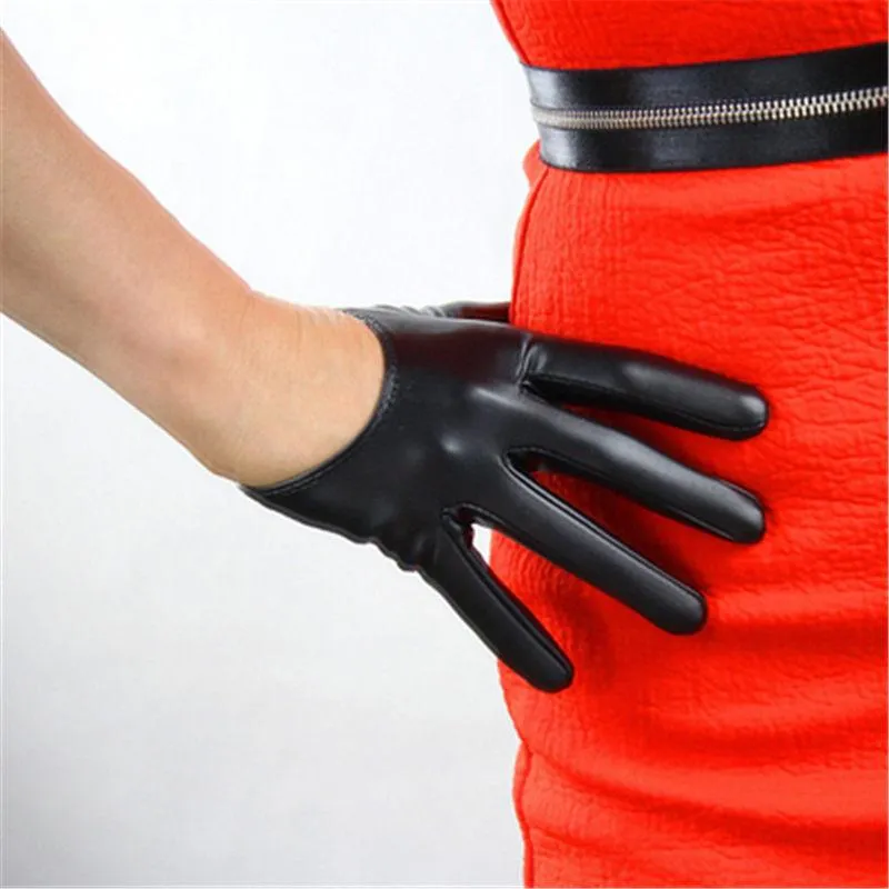 Перчатки без пальцев из лакированной кожи женские ультракороткие 13 см имитация натуральной ярко-черной без подкладки женские варежки во французском стиле PU18287R