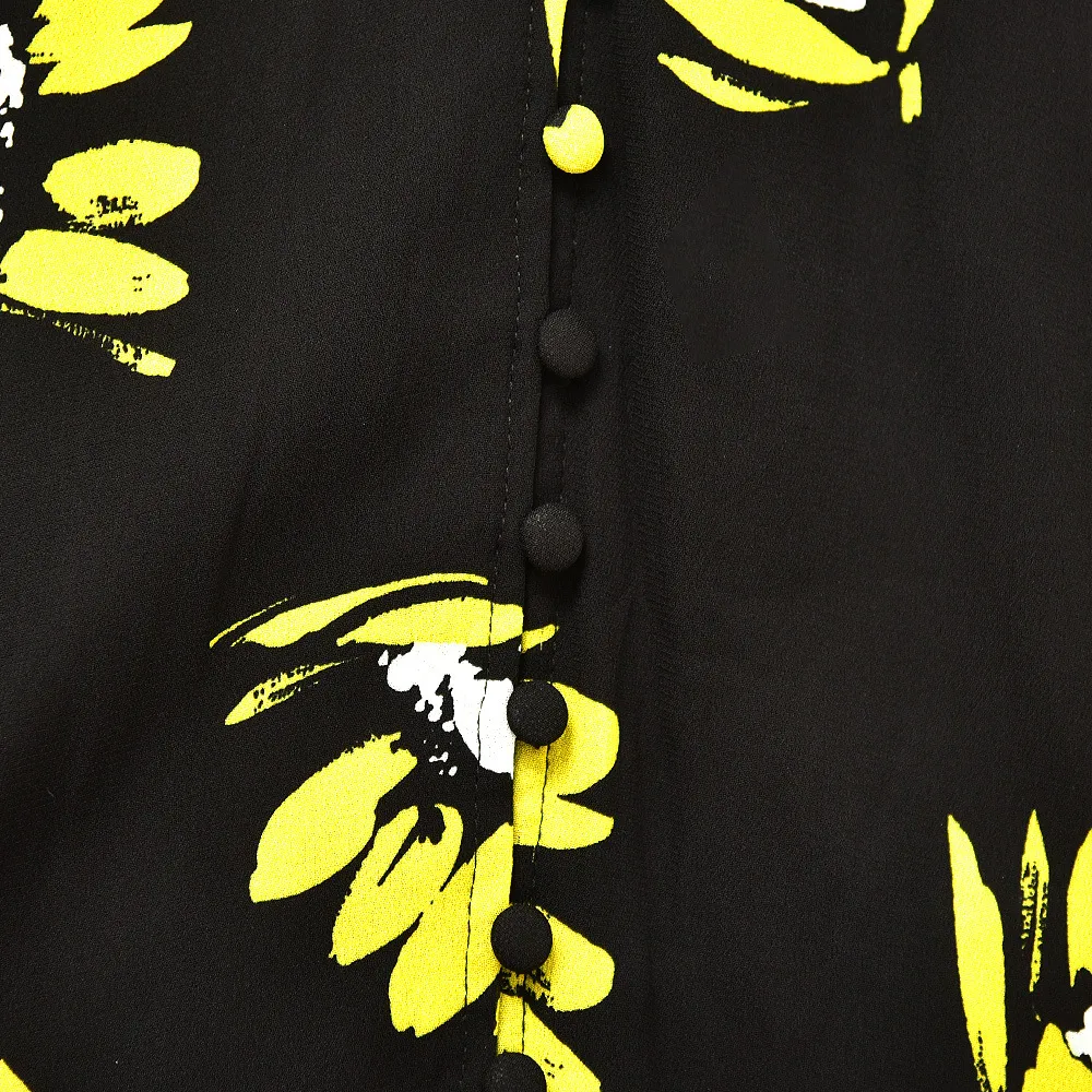 2021 Verano Otoño Manga corta V Cuello Vestido negro Amarillo Estampado floral Botones con paneles Botones de un solo pecho Moda Vestidos cortos G127081