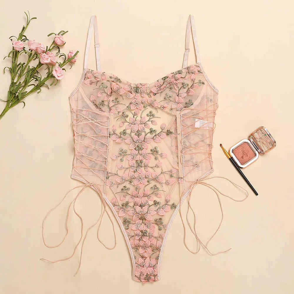 Vooridol roze borduurwerk bloem bodysuits romper vrouwen mouwloze sexy zien door zomer bodysuit lace up mesh overalls tops 210415