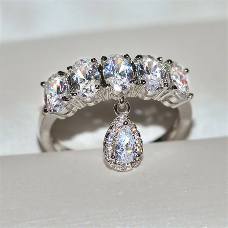 Choucong marca anéis de casamento jóias de luxo 925 prata esterlina meia eternidade corte oval branco topázio cz diamante pedras preciosas com pêra 282h