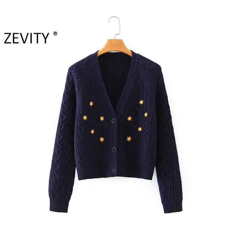 Zevity Women Vintage Floral Broderi Broderi Cardigan Sweaters Chic Kvinna Fritid V Neck Långärmad Toppar S347 210603