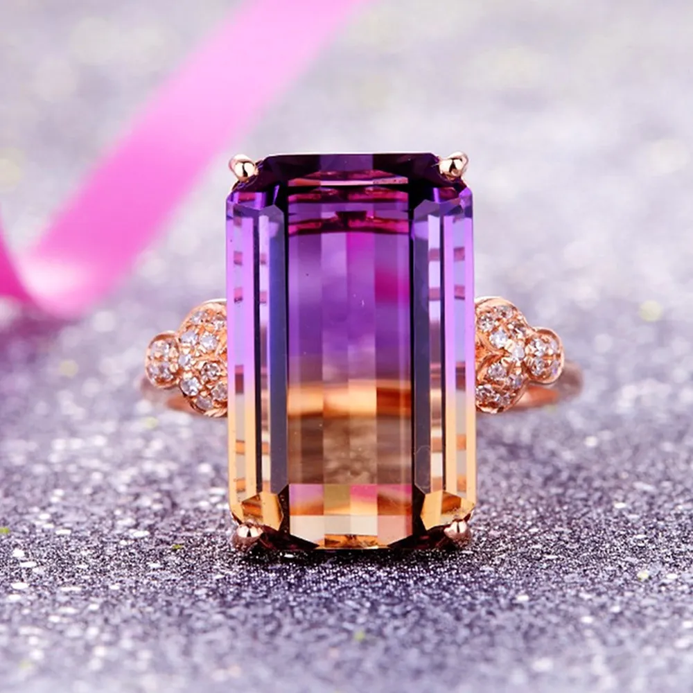 14K Rose Gold Color Gemstones Ringar För Kvinnor Citrin Amethyst Crystal Zircon Diamonds Luxury Cocktail Party Bague Smycken Gift