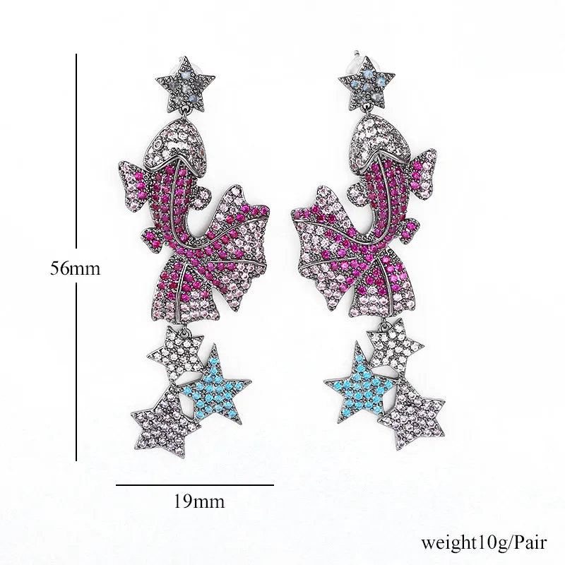 Designer Statement Fish Star Earrings for Girls Luxury Brand Micro Pave CZ Stone Goldfish Dangle Fashion Jewelry