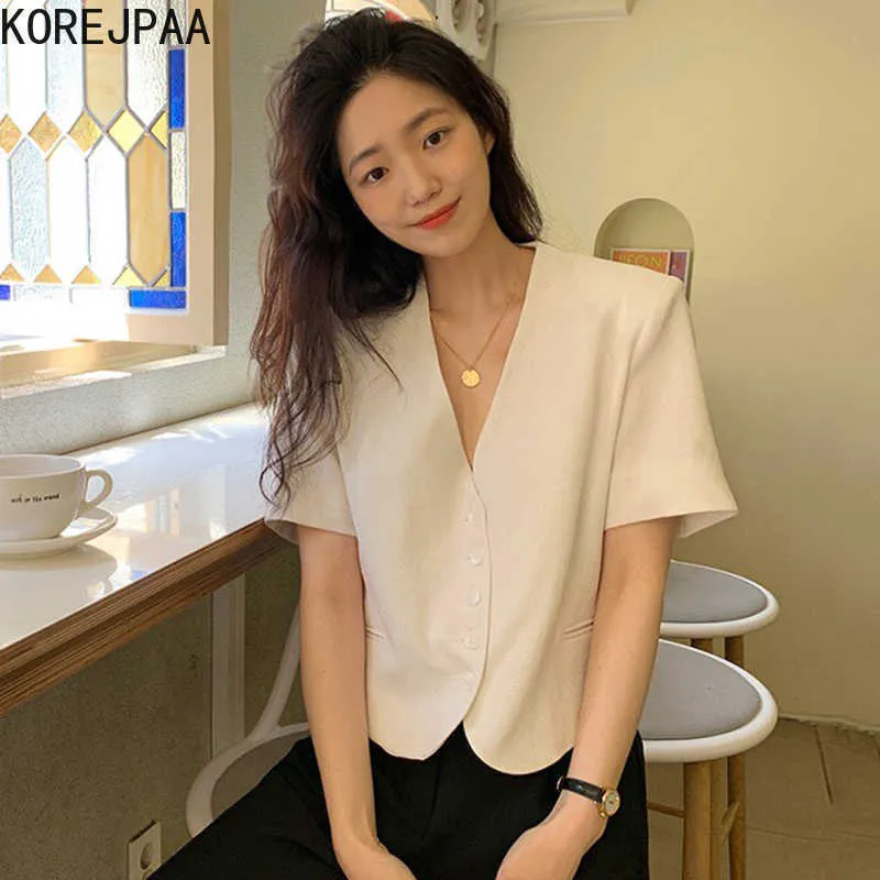 Korejpaa Women Shirt Korean Fashion Chic Summer Simple V-neck Single-line Buckle Loose Casual Short-sleeved Blouse Top 210526