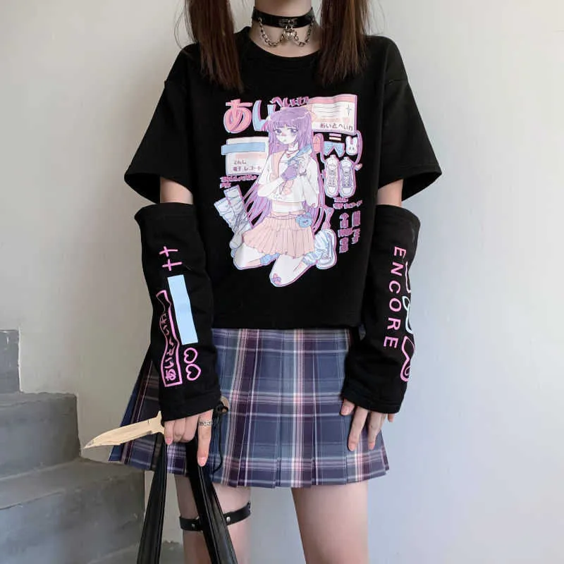 Japonais Anime T-shirt À Manches Longues Top Zipper Retrait Tee JK Fille Mignon Vêtements Coton T-shirt Femmes Harajuku Bande Dessinée Imprimé Tops 210720