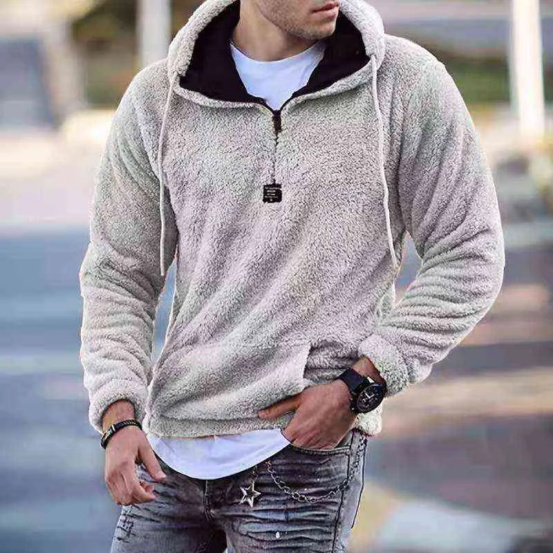 Jesień Zima Mężczyźni Ciepły Faux Polar Hoodie Kangura Kieszenie Bluza Casual Zipper Z Kapturem Mężczyźni Ubrania Solidna Streetwear Topy 211217