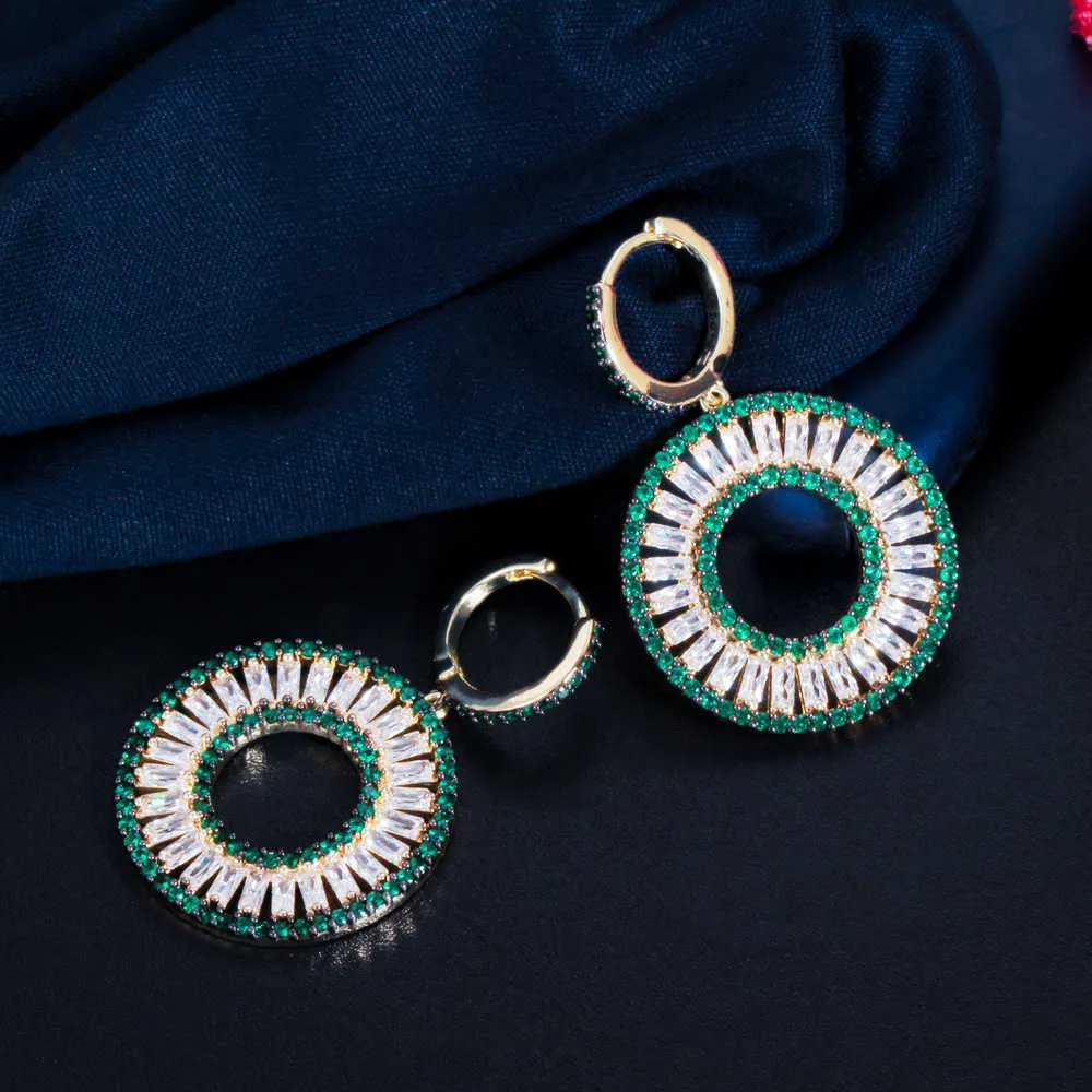 Magnifique vert cubique zircone couleur or Dangle cercle rond Huggie boucles d'oreilles pour femmes bijoux à la mode cadeau CZ861 210714