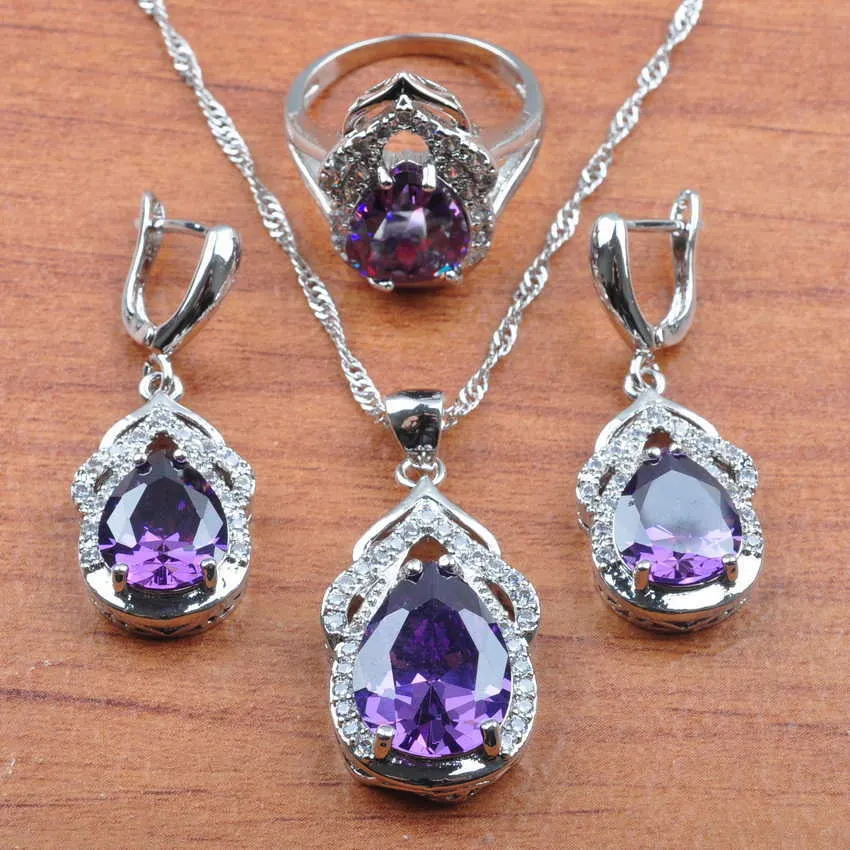 Joyería de boda, cristal púrpura Natural, conjunto de joyería de Color plateado, pendientes para mujer, collar, colgante, anillos, pulsera JS0306 H1022256p