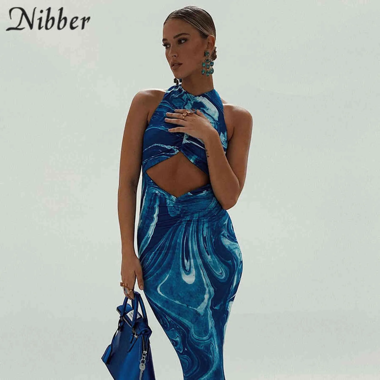 Nibber Y2k Sexy Beach Bodycon Abiti Donna Scava Fuori Spalle Backless Stampa Tie Dye Blu Maxi Abiti Estate 211029