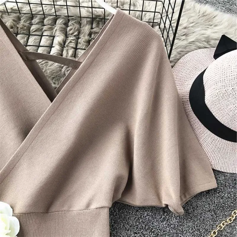 Pullovers Preto V Neck Batwing Sleeve Sweater Cropped All-Match Casual Backless Hollow Out Camisas Fashion Tops Elastic 210610