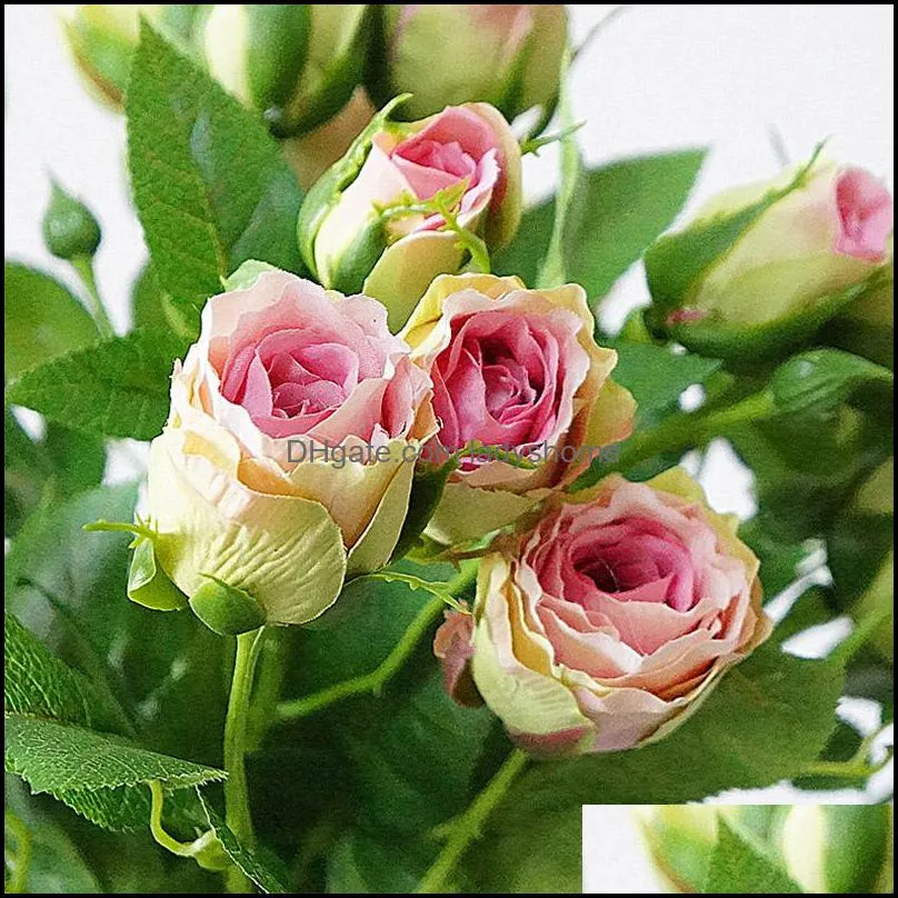 4 Heads Silk Rose Artificial Flowers Long Stem Wedding Decoration Fake Flowers Plastic Branches with Leaves Home Hotel Decor