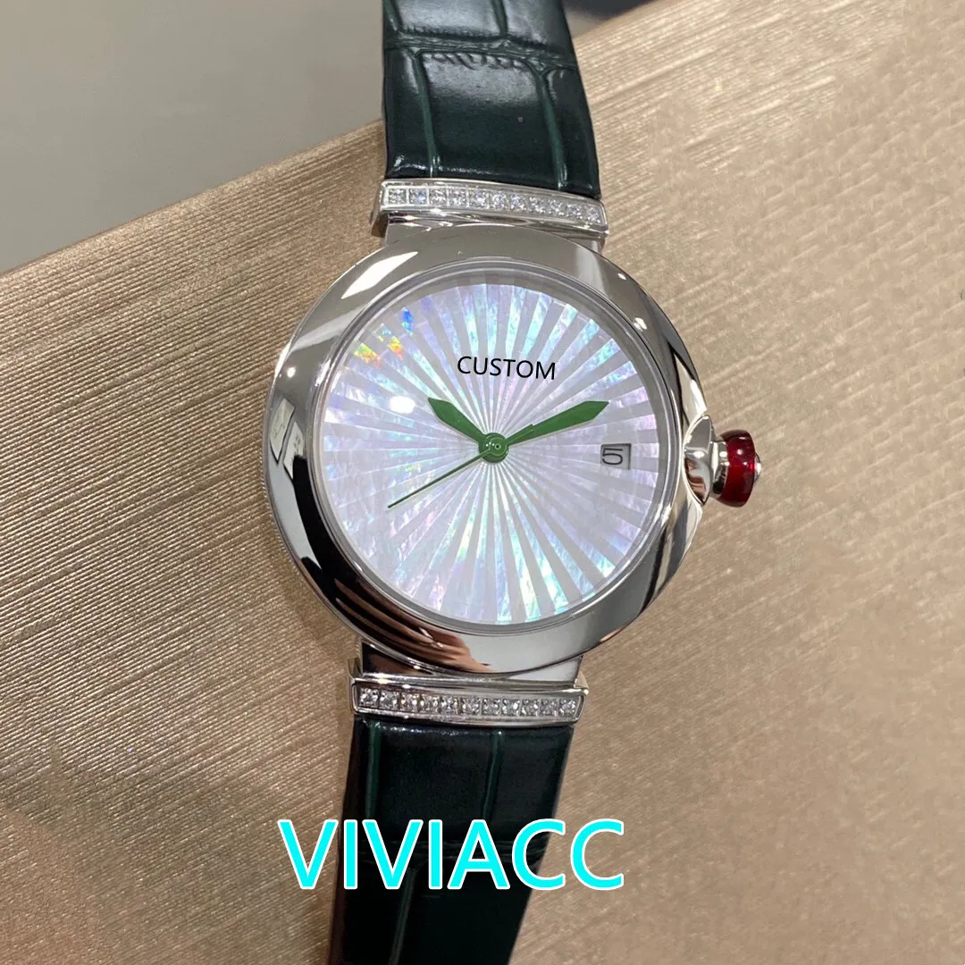 Célèbre femmes géométrique cuir cristal diamant lunette montre en acier inoxydable montres à quartz nacre coquille horloge 33mm