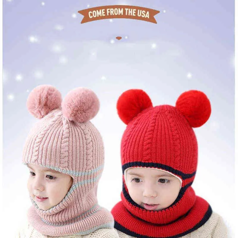 Berretti Cappello da bambino Pompon Cappelli invernali bambini Cappellino carino lavorato a maglia neonate Ragazzi Fodera in pile caldo Tappi paraorecchie bambini Y21111