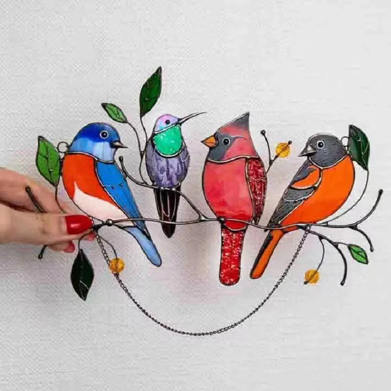 Mehrfarbig 7 Vögel auf einem Draht hoch gebeizt Sonnenfänger Wandtür Fensterpaneel Vogelserie 2021 Muttertagsgeschenk Hoom Party-Dekoration Ornament zum Aufhängen H41SGXN