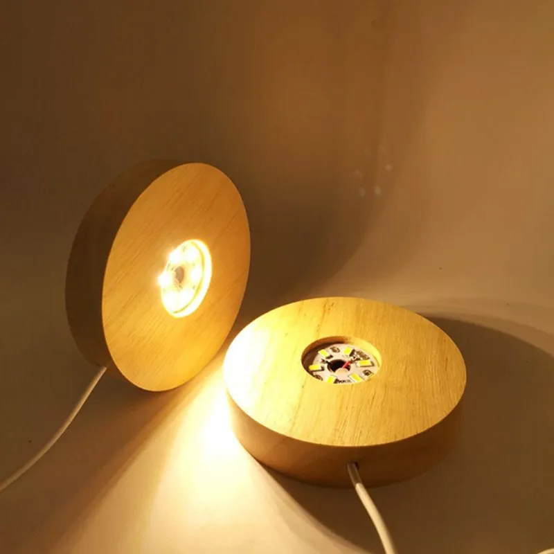 Ręcznie robiona żywica sztuka mini cienkie diody LED Drewniane światło wyświetlacza Podstawa okrągłe drewniane podstawy lampy