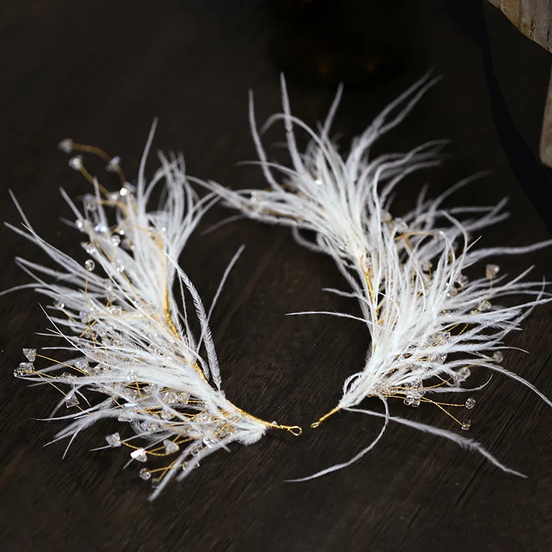 Feather Crystal Side Clip Shape Bridal Headdress Super Fairy earrings set Women's Wedding hair Accessories 220217