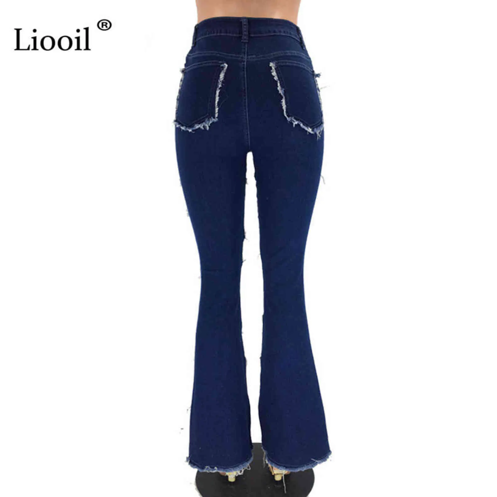 Liooil Color Block Taille haute Flare Jeans avec poches Streetwear Pantalon sexy Bell Bottoms Skinny Patchwork Denim Jean Pantalon 211129