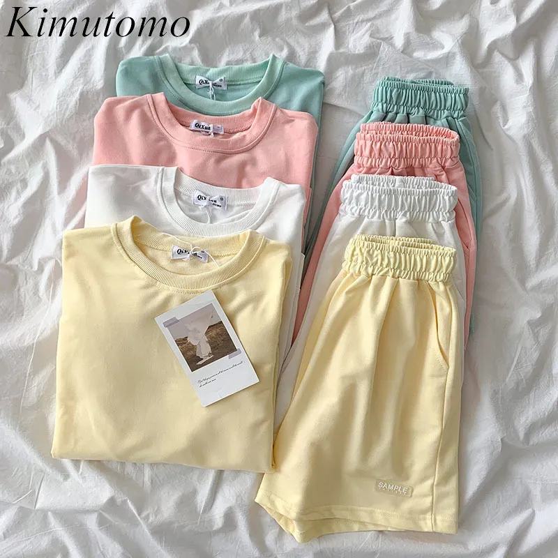 Kimutomo Solid Simple Suit Spring Korean Fashion Clothing Långärmad O-Neck Toppar + Hög Elastisk Midja Shorts Två Piece Set 210521