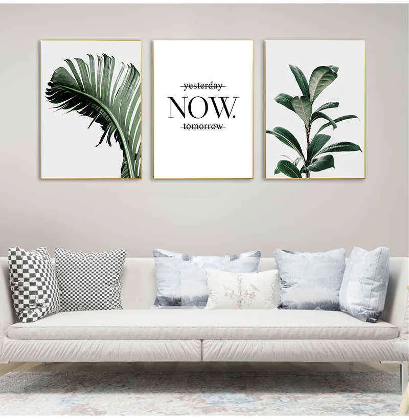 Pintura en lienzo de hojas verdes de piña dorada nórdica, arte de pared, letras, citas, carteles e impresiones, imágenes de plantas para sala de estar 211222