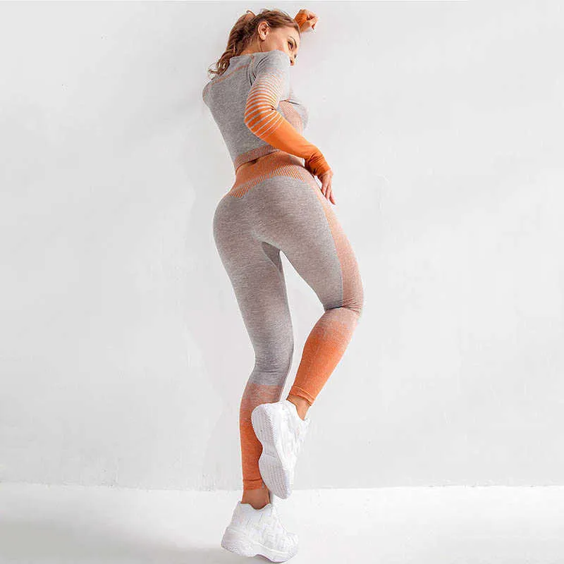 Women Seamless Yoga Set Fitness Sports Suits Gym Wear Long Sleeve Shirts High Waist Running Leggings 210802