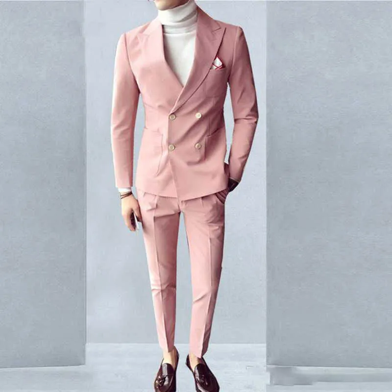 Pink Fashion Sunshine Men Suits Double Breasted Jacket+Pants Peaked Collar Slim Fit Suits for Wedding Party Tuxedos X0909