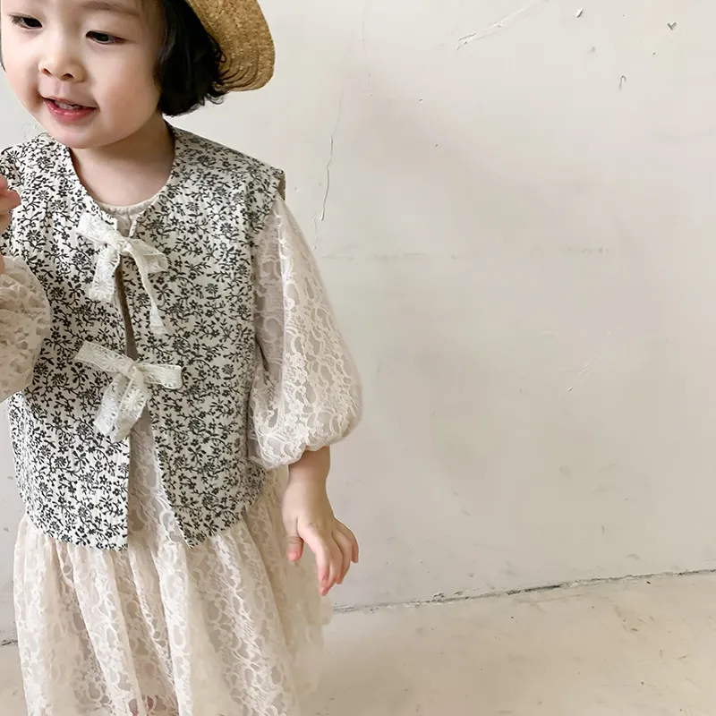 봄 소녀의 조끼 재킷 캐주얼 어린이 outwear 민소매 코트 아기 키즈 코튼 소프트 레이스 꽃 양복 동아 의류 210413