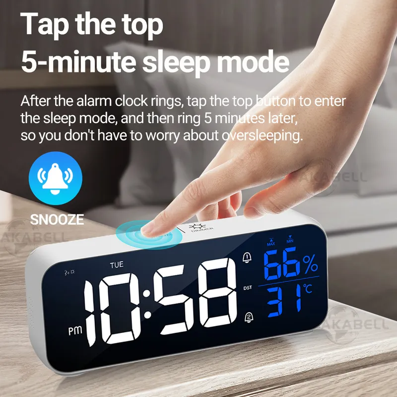 MICLOCK Wiressless Mirror Alarm Clock LED With Voice control Temperature Humidity Sze USB Rechargeable Music Table 220311