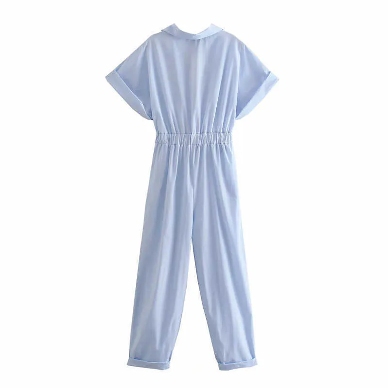 Za Knoten Overall Frauen Kurzarm Cut Out Sommer Overalls Mode Elastische Wsiat Button Up Vintage Sky Blue Playsuits 210602