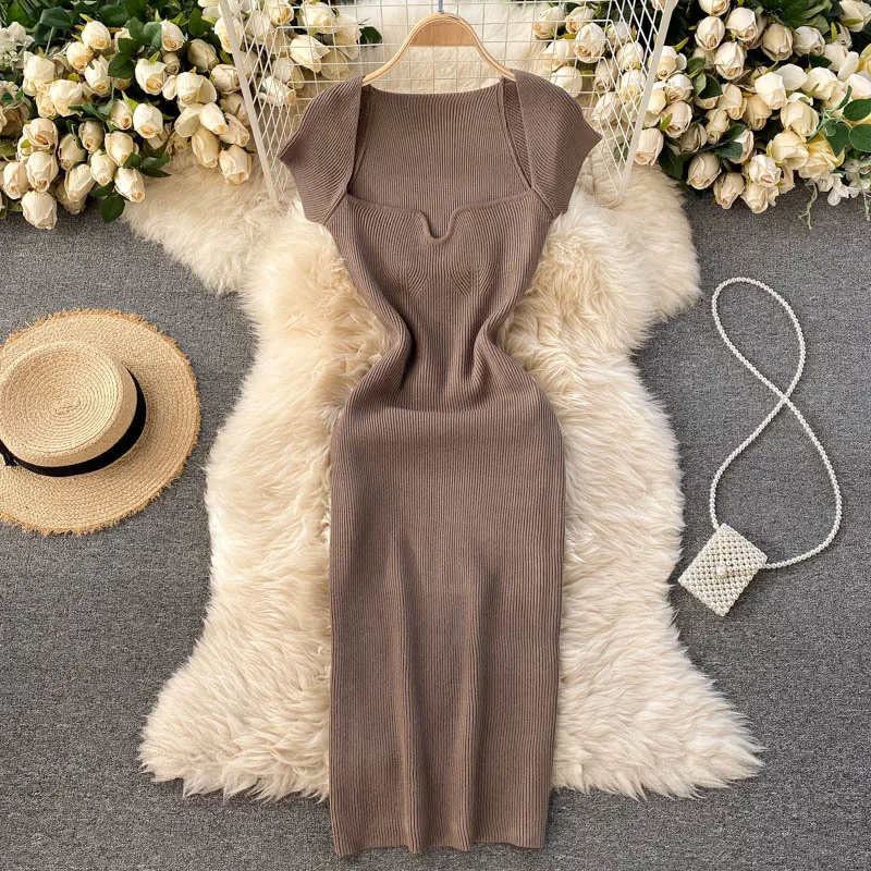 Spring Summer Women's Sexy Knitted Bodycon Dress Elegant Solid Colour Short Sleeve Vintage Femme Robe Korea Clothing 210514