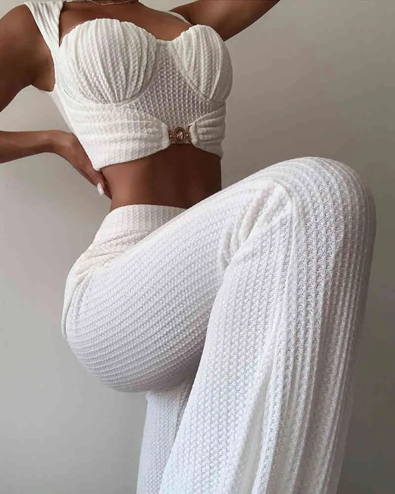 2020 Zomer Chique Vrouwen Mode Elegante Casual Low Cut Sexy Solid Top 2 Stks Ruched Crop Top Hoge Taille Lange Broek Set X0428