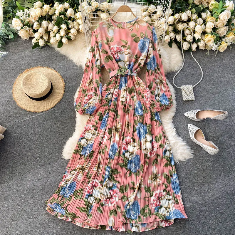 Весенние осенние праздники женские шифоновые напечатанные плиссированные пляжные платья винтажные элегантные O-шеи макси с поясом Femme Robe 210514