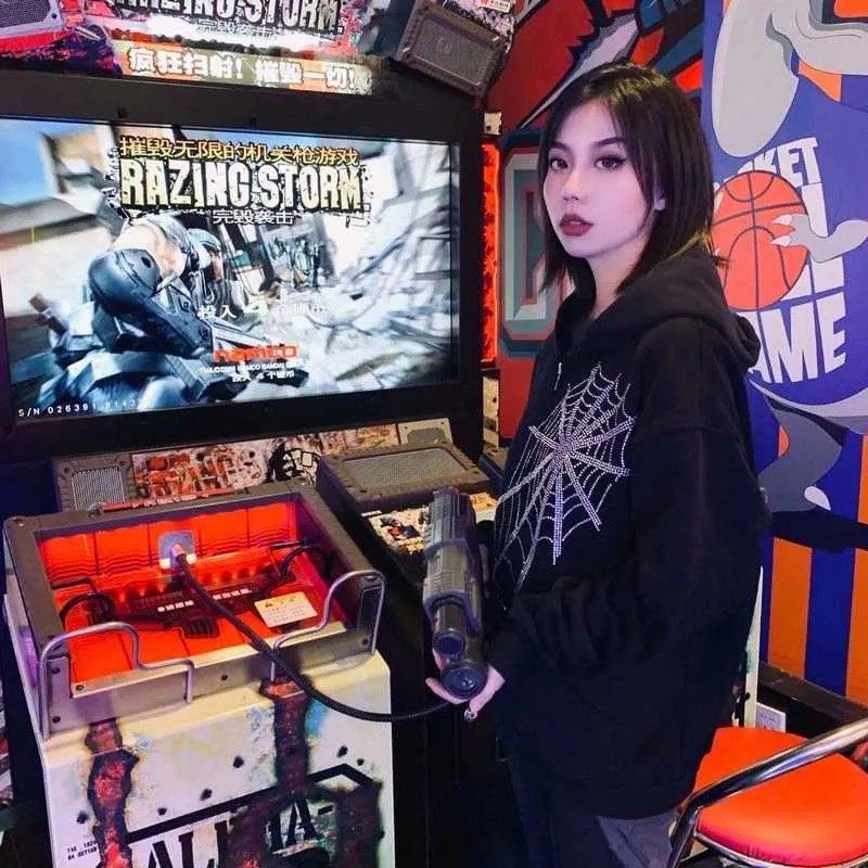 Gothic spider web rits hoodie paar trend harajuku punk oversized kleding sweatshirt vrouwen en mannen 210721