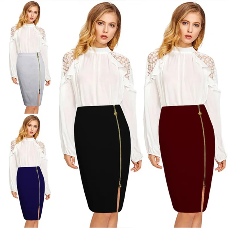 Elegant Woman Skirts Front Zipper Midi Skirt Sexy High Waist Split Pencil Skirts Wrap Hip Bodycon Skirt Front Zipper Office X0428