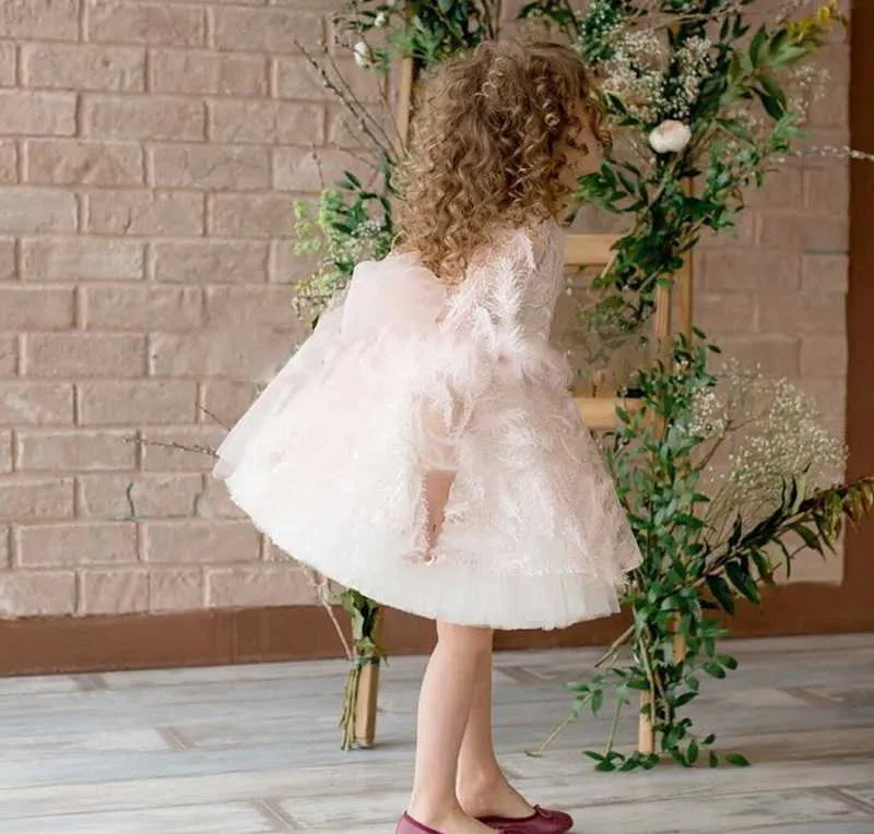 Retail Feather Kids Jurken voor Meisjes Zomer Prinses Fluffy Tulle Jurk Babykleding 2-8Y E9304 210610