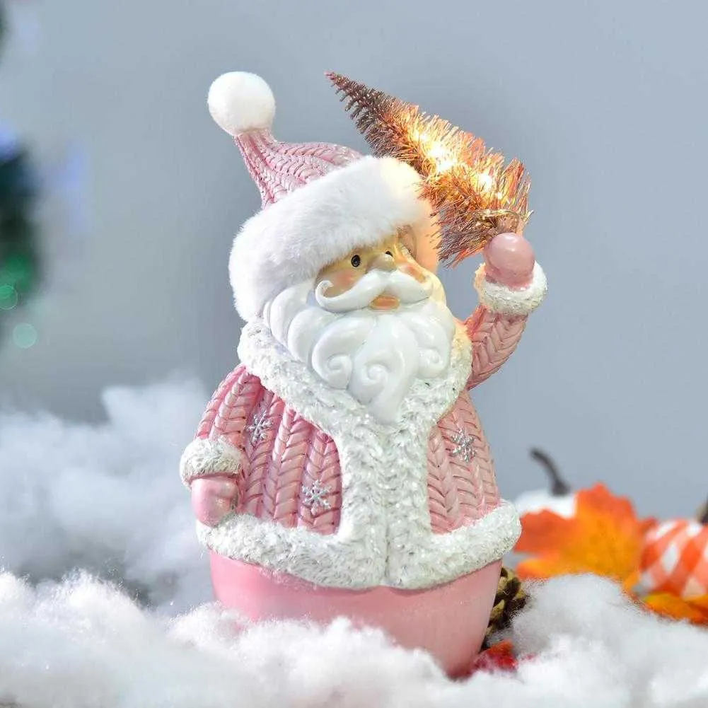 Roze Kerstmis Snowman Santa Claus Beeldje met LED Vakantielichten Xmas Decoratie 2022 Nieuwjaars Decor Thuis Kamer Ornament H1020