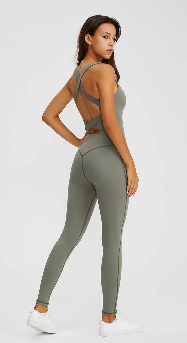 Yoga Jumpsuits Gym Workout Sets mit Brustpolstern Sexy Hollow Out Fitness Bodys Sportswear Frauen Sport Trainingsanzüge 210802