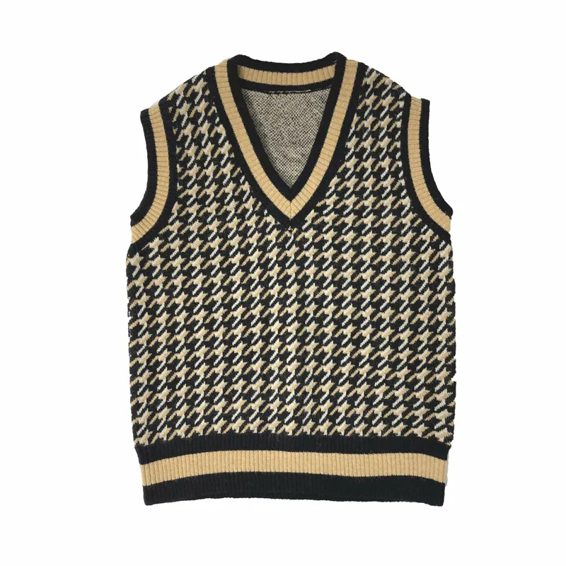 Vuwwyv Textured Weave Stickat Topp Kvinnor Vårkontrast Ribbed Houndstooth Sweater Vest Femal Ärmlös Streetwear Toppar 210430