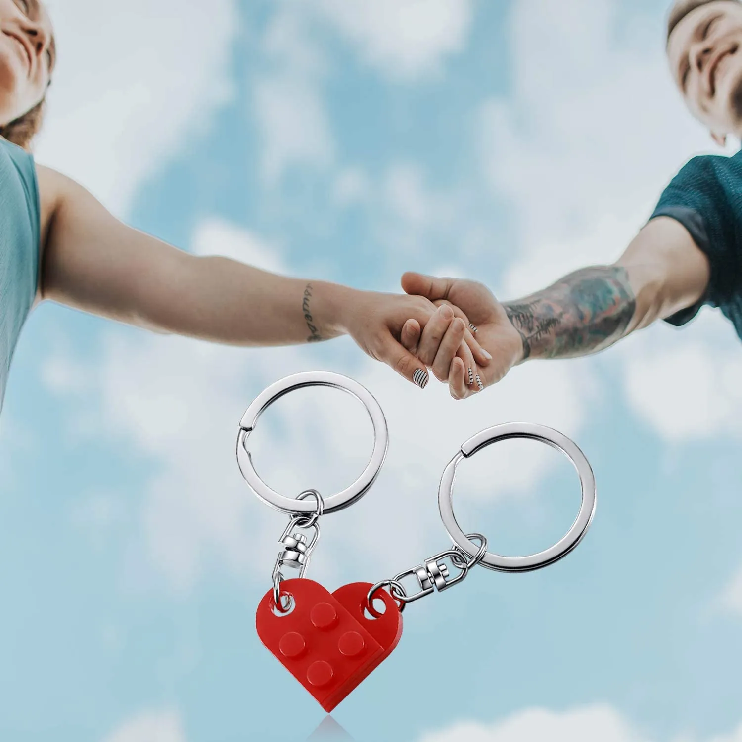 Porte-clés en brique pour l'amitié des couples - Ensemble de 2 porte-clés en forme de cœur assortis pour les couples de petite amie et petit ami Saint Valentin BFF