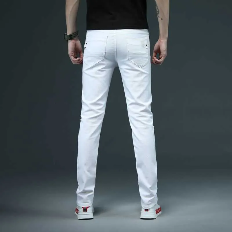 SHAN BAO Men's Fitted Slim White Jeans Spring Classic Brand High Quality Comfortable Cotton Stretch Fashion Casual Pants 210716