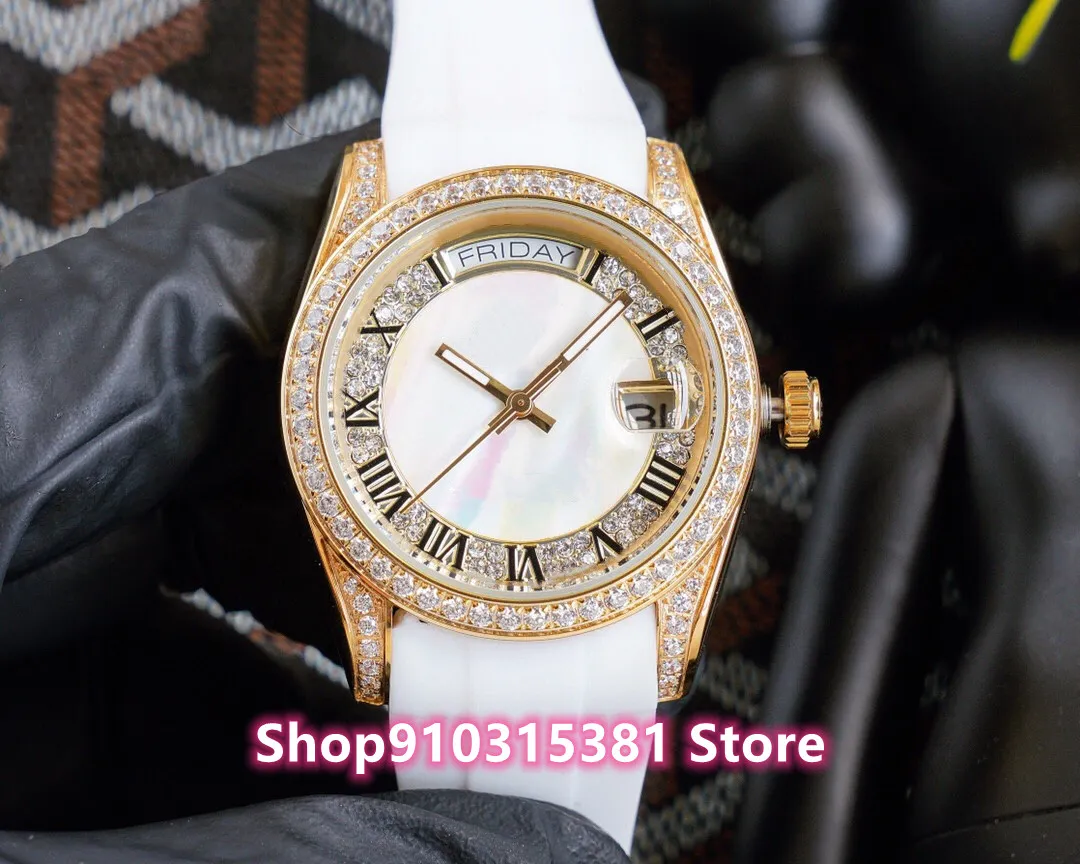 New classic Men Rome Number watches Full diamond Automatic Mechanical Watches white rubber Mother of pearl shell clock 40mm