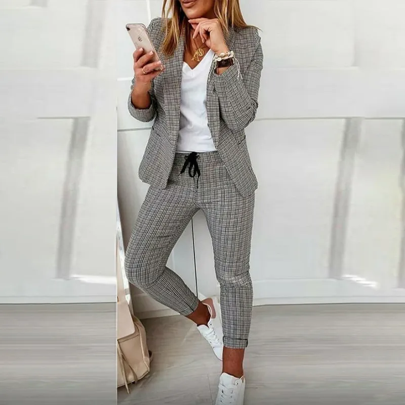 Autumn Women Casual Two Piece Work Wear Fashion Suit Sets Long Sleeve Plaid Print Blazer Coat & Drawstring Pants Set 220315