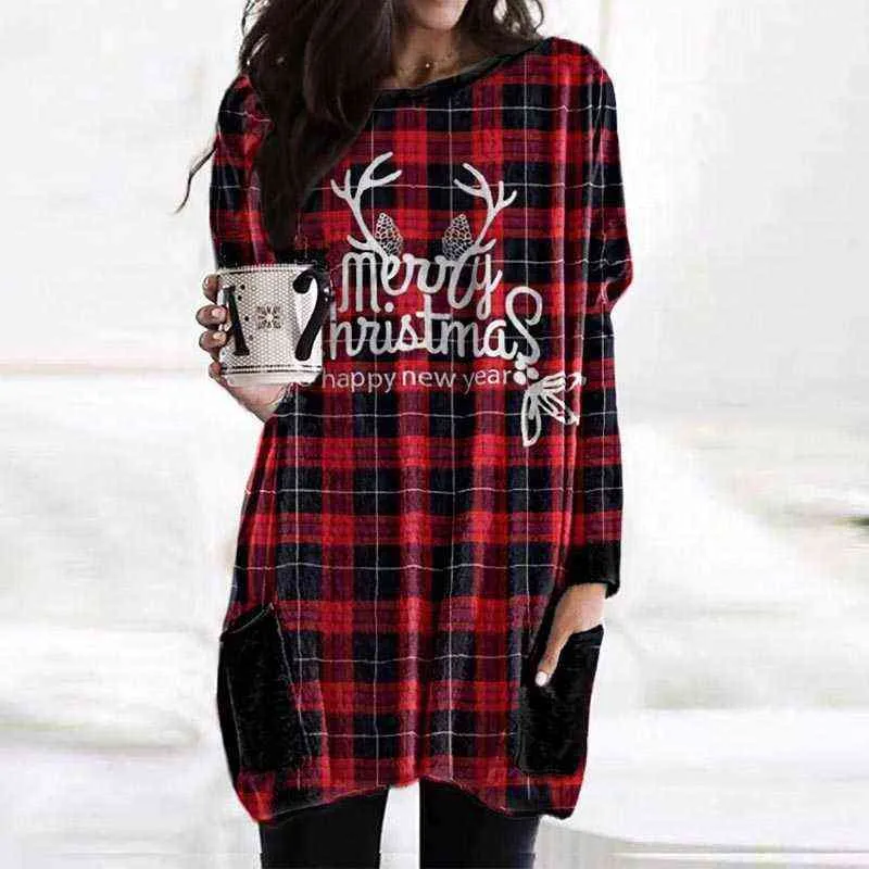 All-match Dress Ladies Christmas Elk Print Plaid Plus Size Casual Long-sleeve Pocket Female Round Neck Loose Dresses Pullover Y1204