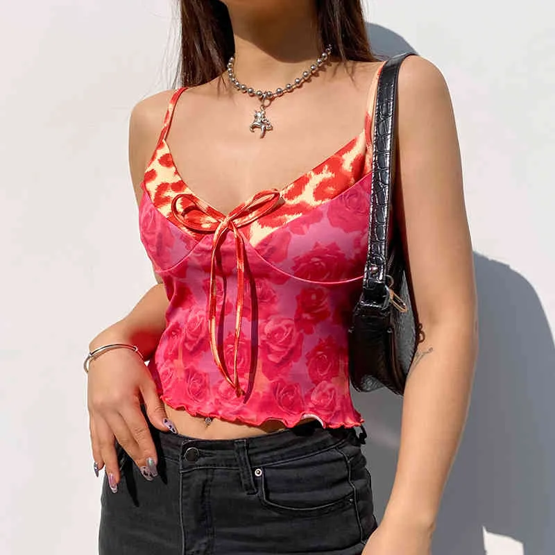 Rose Print Vintage Leopard Patched Y2K Summer Sexy Top met Dunne riem Backless Mode V-hals Mouwloze Crop Cami Party 210510