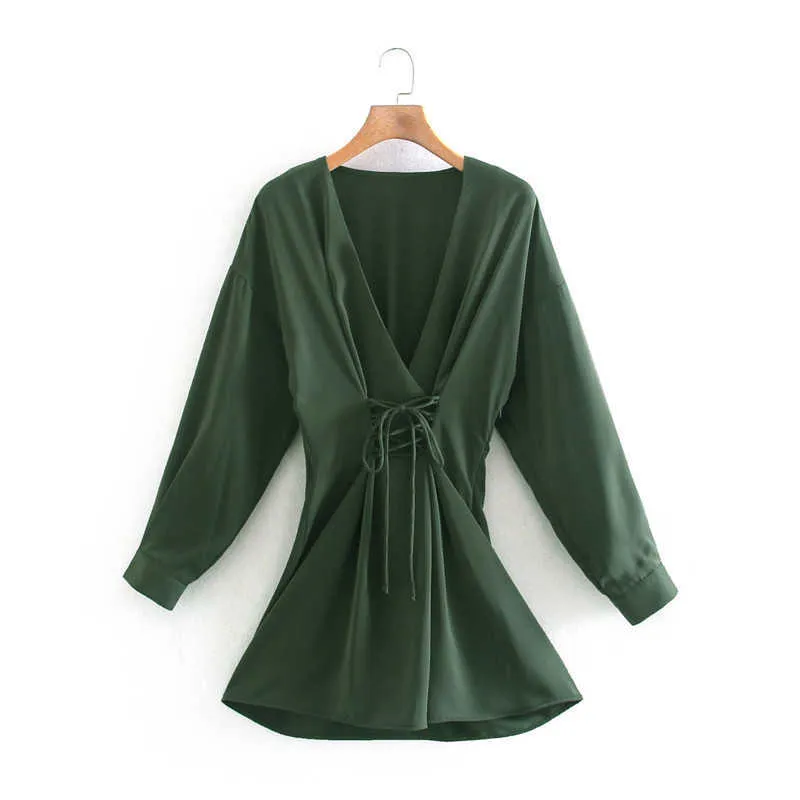 Za Vintage Green Mini abito stringato Donna Manica lunga regolabile con coulisse anteriore Abiti da festa Donna Abito plissettato primaverile 210602